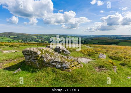 Rochers de granit sur Hamel dans le parc national de Dartmoor près de Widecombe-in-the-Moor, Devon, Angleterre. Banque D'Images