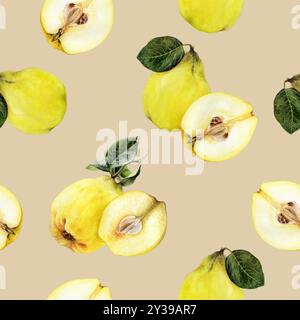 Et-peint aquarelle Quince fruit Seamless Pattern sur fond Kraft Banque D'Images