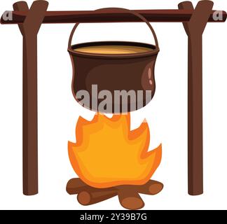 Le pot de cuisson est suspendu au-dessus d'un feu de camp sur un support en bois Illustration de Vecteur