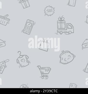 Modèle simple sans couture avec voiture, terminal de paiement, portefeuille, sac à provisions. Contexte associé aux achats, aux ventes Illustration de Vecteur
