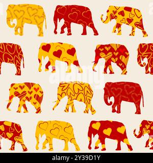 Fond sans couture avec des éléphants colorés dans divers motifs orange et jaune Illustration de Vecteur