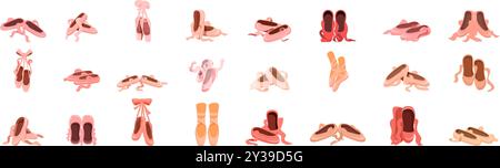 Jeu d'icônes de chaussures de ballerine. Ensemble de chaussures de ballet montrant diverses poses et couleurs, isolé sur fond blanc Illustration de Vecteur