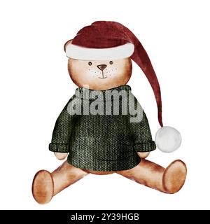 Jouet ours en peluche de Noël. Dessin à la main d'illustration d'aquarelle. Clip art d'un ours dans un chapeau de Noël et un pull chaud isolé sur un blanc Banque D'Images