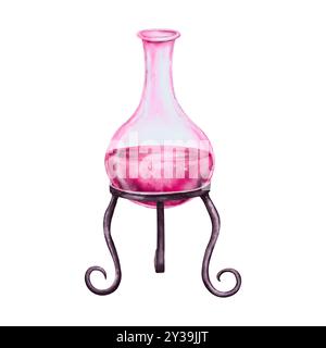 Flacon transparent en verre, bouteille avec liquide rose, tube à essai avec potion d'amour, élixir magique. Attributs pour Halloween, Sabbat, Saint Valentin Banque D'Images