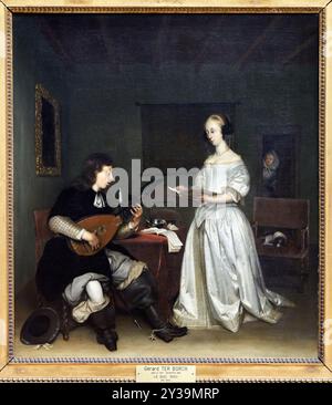 Le duo : chanteur et joueur de théorbo, Un théorbo est un instrument de la famille du luth, 1669, Gerard ter BORCH, Zwolle (pays-Bas), 1617 - Deventer (pays-B. Banque D'Images