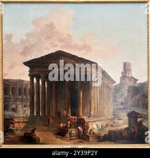 La Maison carrée, l'Amphithéâtre et la Tour Magne à Nîmes, 1787, Hubert ROBERT, Paris, 1733 - 1808, musée du Louvre, Paris, France Banque D'Images