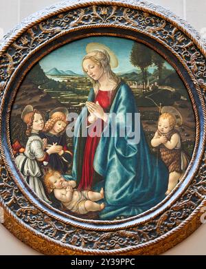 La Vierge adorant le Christ enfant avec l'enfant Saint Jean Baptiste et deux Anges, peinture sur panneau, vers 1480, Francesco BOTTICINI, Florenc Banque D'Images