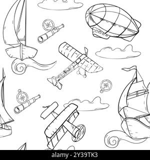 Bateau à voile, dirigeable et vecteur d'avion modèle sans couture monochrome isolé. Graphique noir et blanc dessiné à la main répétitif design de l'aventure Illustration de Vecteur