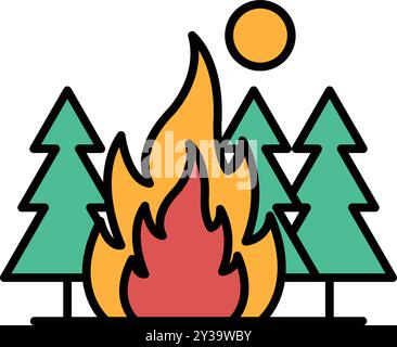 Un feu brûle dans une forêt avec des arbres en arrière-plan. Le feu est orange et jaune, et il est entouré d'arbres verts. Notion de danger et Illustration de Vecteur