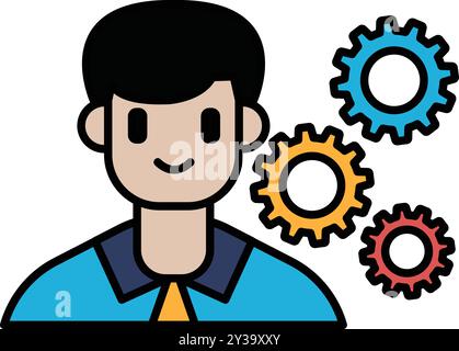 Un homme sourit et porte une cravate. Il est entouré de trois engrenages Illustration de Vecteur