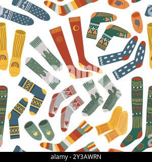 Chaussettes tricotées en laine fée à motif sans couture. Ornement confortable de symboles automne, Noël et hiver. Bas de Noël, fond vectoriel. Illustration de Vecteur