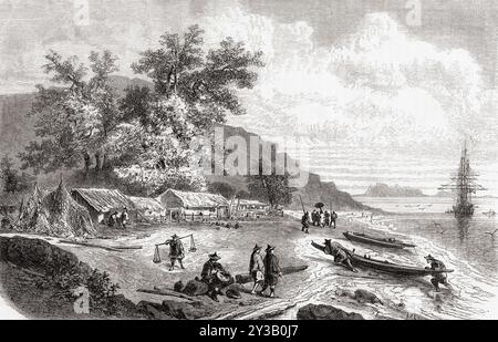 Un village au bord d'une rivière à Saigon, 19ème siècle. Extrait du Tour du monde, paru à Paris, 1860. Banque D'Images