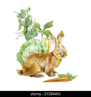 Lapin brun assis dans l'aquarelle de jardin potager illustration isolée. Animal de ferme mignon avec chou, pois, carottes, laitue. Pour le jour de la récolte et Banque D'Images