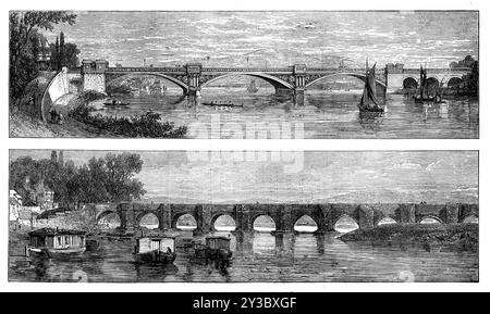 Pont de Nottingham, ancien et nouveau, 1871. Le nouveau pont [en haut] au-dessus de la rivière Trent... a été conçu et supervisé par Mr. Marriott O. Torbotton [sic]... les fondations reposent sur la pierre de grès massif... les parties ornementales de la pierre sont en pierre Darley Dale, et en pierre rouge de Mansfield et Mansfield Woodhouse... les entrepreneurs sont MM. Benton et Woodiwiss, de Derby, pour le bâtiment général et la maçonnerie ; MM. Andrew Handyside et Co. et MRS Marshall, de Nottingham, pour la peinture et la décoration Banque D'Images