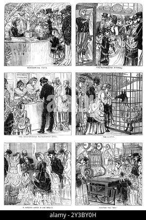 Croquis de l'exposition internationale de South Kensington, [Londres], 1871. Jouets de spectacle ; Zouave Automaton ; stand de rafraîchissement Wurtemburg ; Llama ; cent cartes en une minute ; impression de la "clé"... une grande diversité de divertissements est à trouver. Il y a des machines en mouvement, appartenant à différentes industries manufacturières ; il y a des modèles d'inventions mécaniques et d'appareils scientifiques ;...il y a des figurines-jouets mobiles, de construction ingénieuse et de performances merveilleuses, presque égales à la vie...l'automate Zouave, debout dans sa sentinelle et soufflant le sien Banque D'Images