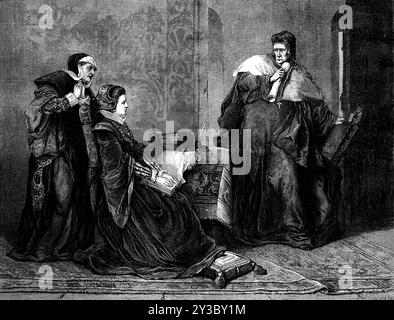 Lady Jane Grey's Victory Over Bishop Gardiner, par G. F. Folingsby, 1871. Gravure d'un tableau. Gardiner est député par la reine Marie pour convaincre Lady Jane de ses erreurs, et offrir un pardon pour elle-même et son mari à condition d'être réconcilié avec l'Église de Rome. Elle refuse de se rétracter, et Gardiner rompt la discussion avec rage. »...several des tentatives ont été faites pour inciter Lady Jane Grey à se rétracter pendant son confinement dans la Tour... elle est représentée comme ayant été remarquablement belle et intelligente, mais pour avoir conservé toutes les grâces propres à elle Banque D'Images