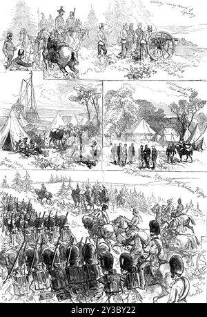 La campagne à domicile, 1871. L'artillerie couvre la retraite d'infanterie ; le camp de police, Gun Hill ; S.A.R. Prince of Wales Head Quarters ; la 1re division se repliant sur Chobham Ridges... la retraite de la première division, sous les ordres de Sir Hope Grant, d'Aldershott à Chobham Ridges,... est illustrée ici par deux esquisses - l'une, des Grenadier Guards marchant, avec des dragons et de l'artillerie de campagne couvrant leur flanc ; l'autre, d'une batterie préparée en action pour défendre la ligne de mars. Les quartiers du prince de Galles, avec la tente occupée par son Altesse Royale, et son mess-tente privée, dans le campement Banque D'Images