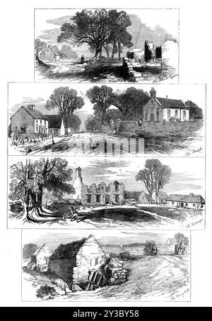 Croquis du village déserté de Goldsmith, Lishoy ou Auburn, près d'Athlone, 1871. Les trois pigeons, l'église, le Vicarage et le Moulin occupé... au coeur de l'Irlande, sur le bord de l'un de ses comtés les plus fertiles... sont une vingtaine ou deux de cabanes éparpillées en chaume, presque la moitié d'entre eux en ruine ; les murs évidés d'une ancienne maison de pressage ; un moulin sans toit, avec un simple fragment restant de son énorme roue à eau - le reste ayant été emporté au morceau comme reliques ; et une petite maison publique latérale. Ceux-ci ont le pouvoir d'attirer des pèlerins de toutes les parties du monde wher Banque D'Images