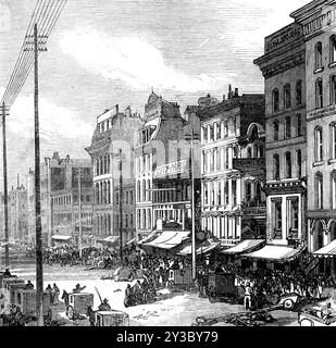 The Great Fire at Chicago : Clark-Street North, 1871. 'L'incendie qui a détruit, la semaine dernière, la meilleure partie de l'une des plus grandes villes commerciales du monde est toujours le sujet d'actualité le plus captivant...[We present Views] de Chicago comme il était avant l'incendie... les illustrations gravées pour ce numéro de notre Journal seront vues avec un intérêt mélancolique, comme représentant ce qui a péri...Chicago, qui a commencé son existence en tant que ville mais il y a quarante ans, sur la rive sud-ouest marécageuse du lac Michigan, contenait, jusqu'au feu, une population de 300 000 âmes. Il a eu la plus grande exportation Banque D'Images