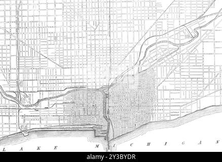 Le grand incendie de Chicago : plan montrant l'étendue de l'incendie, 1871. Les quartiers sud et ouest de la ville contenaient environ 500 rues, avenues et ruelles ; et quand on se souvient que ceux-ci comprenaient les bâtiments publics - beaucoup du caractère le plus superbe, étant construit avec des façades en marbre - et toute la partie commerciale de la ville, une certaine idée de la perte peut être conçue. Ces bâtiments publics étaient très nombreux et coûteux pour une nouvelle ville... certains d'entre eux, on l'espère, peuvent encore subsister, mais la grande majorité se trouvait dans la partie sud de la ville... [il] contenait, jusqu'à l'incendie, Banque D'Images