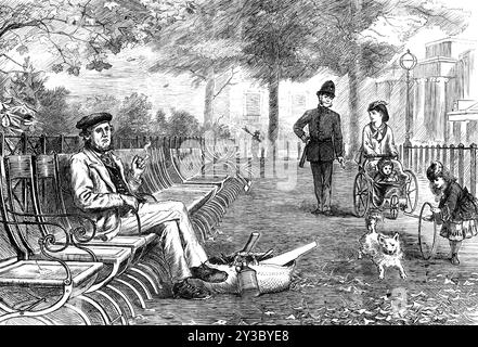 Chill October - Rotten-Row, 1871. '...la vue désolée près de Hyde Park-corner [à Londres]. L'ouvrier britannique est assis dans une solitude sans gaieté sur une chaise qu'on ne lui demandera pas de payer : il dépose le sac d'outils, avec lequel il se dirige lentement vers un emploi de milieu de journée à Bayswater ; il fume la pipe de la méditation politique, et pense qu'il est très douteux que l'un des pairs vienne actuellement s'asseoir à côté de lui pour discuter de la... nouvelle Charte sociale. Quant au policier britannique, une autre de nos institutions nationales, il occupe un poste de service qu'il est susceptible de maintenir comme vaillant Banque D'Images