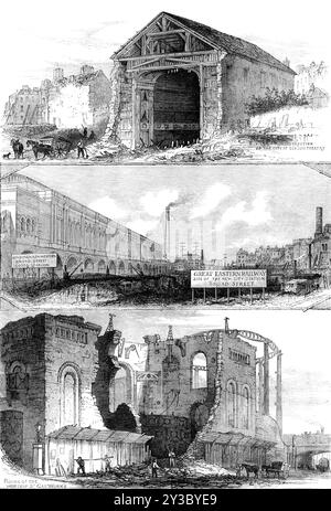 Démolitions pour le prolongement du Great Eastern Railway jusqu'à Broad-Street, [Londres], 1871. '...l'aspect actuel du sol vu de Liverpool-Street : destruction of the City of London Theatre ; Great Eastern Railway, site de la nouvelle gare de la ville - Broad Street ; Ruins of Worship a Gas Works...les travaux en cours pour l'extension City Terminus du Great Eastern Railway ont impliqué la démolition de nombreux bâtiments pour dégager le sol. La ligne de prolongement projetée sera transportée obliquement à travers la rue à Norton Folgate, entre Bishopsgate-Street Without et Shoreditch, a L. Banque D'Images