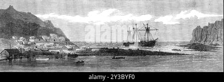 Épave du H.M.S. Megaera, 1871. Vue montrant la position de la Megaera, frégate à vis pour la Royal Navy, lorsqu'elle s'échoue près des rochers [sur l'Ile Saint-Paul]. En raison de "...le navire fuit continuellement d'un trou dans les plaques de fer de son fond, alors que le temps était très orageux...[il a été considéré] plus dangereux de procéder au voyage vers l'Australie, dont la partie la plus proche se trouvait à 1800 miles de distance. Cette opinion a été pleinement confirmée par deux autres ingénieurs de navires à vapeur, qui se trouvaient à bord...Capitaine Thrupp donc, le dimanche matin, 18 juin, après avoir lu les prières comme d'habitude, annou Banque D'Images