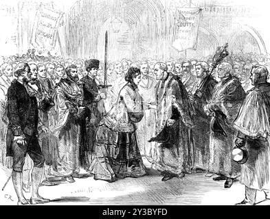 Lady Burdett-Coutts livrant le marché Columbia au maire, 1871. 'La livraison officielle de Columbia Market par Lady Burdett-Coutts, son fondateur bienveillant, à la Corporation de la ville de Londres, a eu lieu hier semaine. Sa Ladyship... a été reçue par le Lord Mayor et Lady Mayoress, avec les shérifs et les sous-shérifs, en plein état officiel, et par le Comité des marchés de la Cour du Conseil commun. Une adresse écrite de Lady Burdett-Coutts... a été lue pour elle par le comte de Harrowby... elle souhaitait, en passant, corriger une notion erronée qui prévalait quant à la co actuelle Banque D'Images