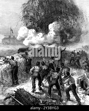 Opérations de siège à Chatham : explosion d'une mine, 1871. Exercices de l'armée britannique. 'Les opérations de siège performed...in le quartier de Chatham, lors de l'inspection annuelle du commandant en chef des travaux de terrain construits par l'École de génie militaire, a offert à plusieurs milliers de spectateurs un divertissement rare, et a donné une idée juste de certaines parties de l'entreprise réelle de la guerre... L'explosion d'une mine avec 1000 livres de poudre à canon est montrée dans l'illustration sur notre page d'accueil. L'intention et l'effet de cette mine, préparée par la force assiégeante, était de faire un trou dans le sol de 50 pieds. wi Banque D'Images