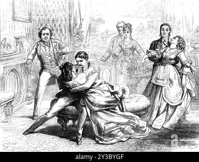 Scène tirée de « Partners for Life », au Globe Theatre, 1871. Production scénique de Londres. « Nous sommes heureux d'enregistrer le succès continu de l'excellente comédie de M.R. Byron, « Partners for Life ». Dépendant de l’attraction qu’il exerce sans doute plutôt sur le dialogue que sur l’action, le texte donne l’occasion de délivrer efficacement des phrases intelligentes et des paroles pleines d’esprit. Parmi les quelques situations qu'il contient, nous avons sélectionné, peut-être, la meilleure - celle à la fin du deuxième acte, où Fanny Smith (Miss Carlotta Addison) reconnaît Tom Gilroy (Mr. H. J. Montague) Banque D'Images