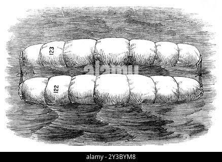 Les hamacs flottants du contre-amiral Ryder pour sauver des vies en mer, 1871. «Une proposition a été soumise à l'Amirauté pour l'utilisation de matelas d'hamac garnis de liège granulé, au lieu de matelas à cheveux, à bord des navires de la Royal Navy, en vue de sauver des vies en cas de naufrage ou de naufrage du navire pour quelque cause que ce soit. Le contre-amiral A. P. Ryder et le capitaine J. R. Ward, tous deux membres du conseil de la Royal National Life-Boat institution, ont pris l'initiative de recommander cette amélioration... par souci d'économie, le liège coûte moins de la moitié du prix du crin de cheval... Un mattr Banque D'Images