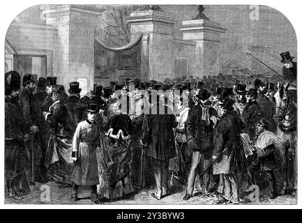 Maladie du Prince de Galles : le bulletin de Marlborough House [à Londres], 1871. Jour après jour, des copies des bulletins, arrivés à Whitehall par télégraphe... ont été postées à la porte de Marlborough House, à Pall-Mall, sur ordre du général Knollys. Si désireux et général était le désir d'apprendre l'état du Prince vendredi et samedi que l'aide de la police a dû être utilisée pour maintenir l'ordre parmi les foules... le même sentiment intense obtenu chaque jour du matin jusqu'à night...in la ville et dans toutes les parties de Londres la condition du Prince était le tout absorbi Banque D'Images