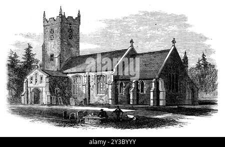 Église de Sandringham, [Norfolk], 1871. Église Sainte-Marie-Madeleine, Sandringham, utilisée par la famille royale britannique. Gravure à partir d'une photographie de M. Vernon Heath. Sa Majesté la Reine, avec la princesse Alice et la princesse Louise, ainsi que la princesse de Galles, le duc de Cambridge et le prince Louis de Hesse, ont assisté au culte divin dans cette petite église dimanche dernier... L'église de Sandringham se trouve sur une colline adjacente au côté nord du parc, et est un petit bâtiment bien proportionné, comprenant nef, chœur, porche sud, et tour carrée, avec une cloche. Sur la tour pendant les heures de Ser Banque D'Images