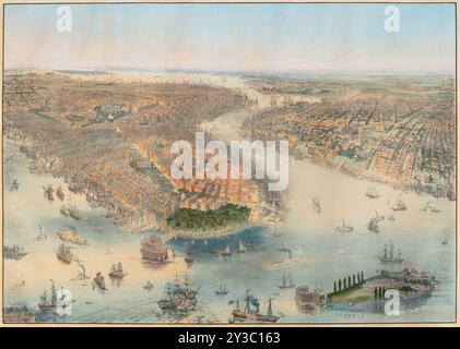 Vue panoramique de New York depuis l'ouest, avec Manhattan et Brooklyn vers l'est, 1851. Collection privée. Banque D'Images