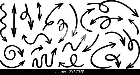 Ensemble d'icônes de flèche noire avec courbes, ondulées, tourbillons et lignes de chemin de boucle dans le style doodle. Panneaux d'orientation ou de direction peints au stylo ou au pinceau isolés sur fond blanc. Illustration graphique vectorielle. Illustration de Vecteur