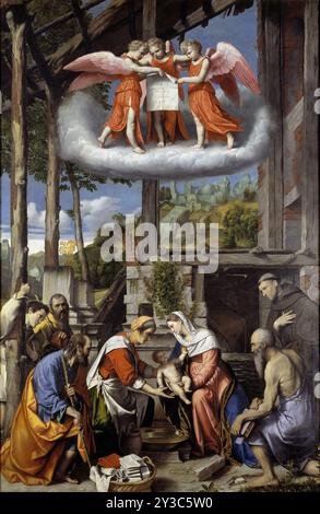 La Nativité avec les bergers, Saint Jérôme et un donateur, 1529-1535. Trouvé dans la Collection de la Pinacothèque Tosio Martinengo, Brescia. Banque D'Images