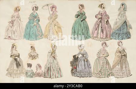 Assiettes costumées, 1838-1839. (En haut à gauche :) juillet 1838 - Robe d'opéra, Robe de marche, Robe de promenade publique ; (en bas à gauche :) août ; (en haut à droite :) mai 1839 ; (en bas à droite :) juin 1839. Banque D'Images