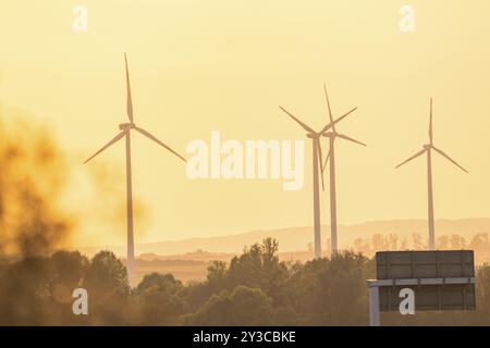 Plusieurs éoliennes dans un paysage au coucher du soleil, montagnes du Harz, Allemagne, Europe Banque D'Images