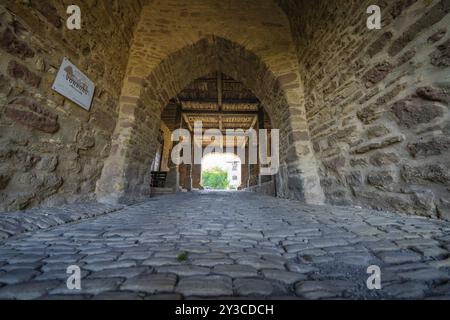 Vue d'en bas à travers l'arche en pierre avec pavés, montagnes du Harz, Allemagne, Europe Banque D'Images