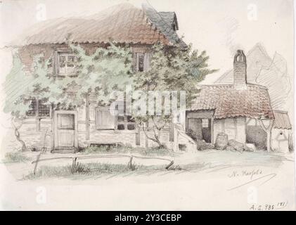 Une maison paysanne allemande à colombages avec un toit en tuiles, 1850-1855. Banque D'Images