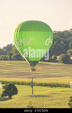 Une montgolfière verte flotte au-dessus d'un champ près d'une forêt un jour d'été, Calw, Forêt Noire, Allemagne, Europe Banque D'Images