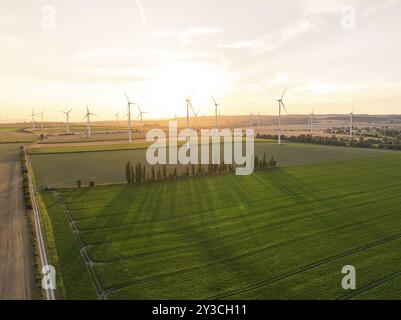 Éoliennes sur de vastes champs au coucher du soleil, Allstedt, Harz, Allemagne, Europe Banque D'Images