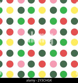 Motif de pois colorés sans couture avec des cercles rouges, verts, jaunes et roses sur fond blanc, répétition géométrique ludique pour textile, tissu, wrapp Illustration de Vecteur