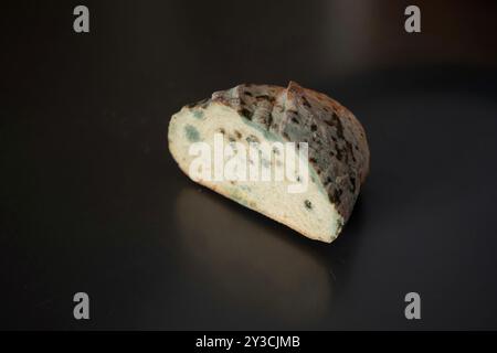 Pain coupé rassis, gâté et moisi sur une table de cuisine. Gros plan, vue latérale de dessus, personne. Banque D'Images