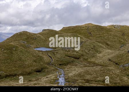 Sentier de randonnée avec petit lac de montagne, ascension vers le sommet de Ben Lomond, Loch Lomond et le parc national des Trossachs, Rowardennan, Écosse, Great B. Banque D'Images