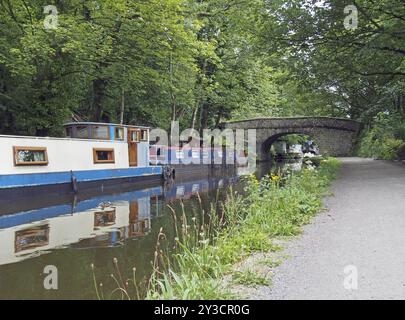 Des bateaux étroits et des barges amarrés sur le canal rochdale dans hebden Bridge bext à une vieille passerelle en pierre entourée d'arbres verts d'été Banque D'Images