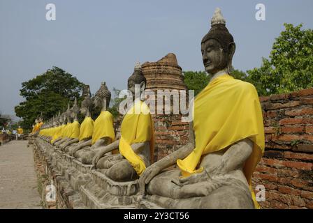 Bouddhas à Wat Yai Chai Mongkol, Ayutthaya, Thaïlande, Asie Banque D'Images