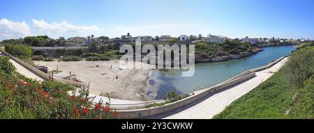 Une large vue panoramique aérienne de Calla des Degollador à ciutadella menorca avec baie de plage et maisons entourées d'arbres verts d'été et de fleurs rouges Banque D'Images