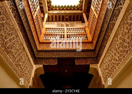 Ben Youssef Madrasa, chef-d'œuvre de l'art islamique et de l'architecture Marrakech, ville impériale du Maroc, Banque D'Images