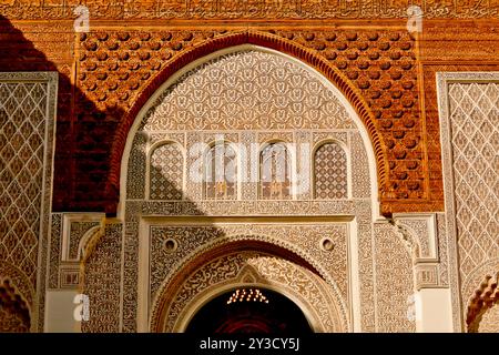 Ben Youssef Madrasa, chef-d'œuvre de l'art islamique et de l'architecture Marrakech, ville impériale du Maroc, Banque D'Images